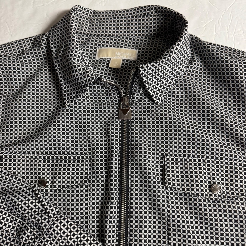 Michael Michael Kors Womens XL Black White Geometric Zip Front Roll Tab Blouse